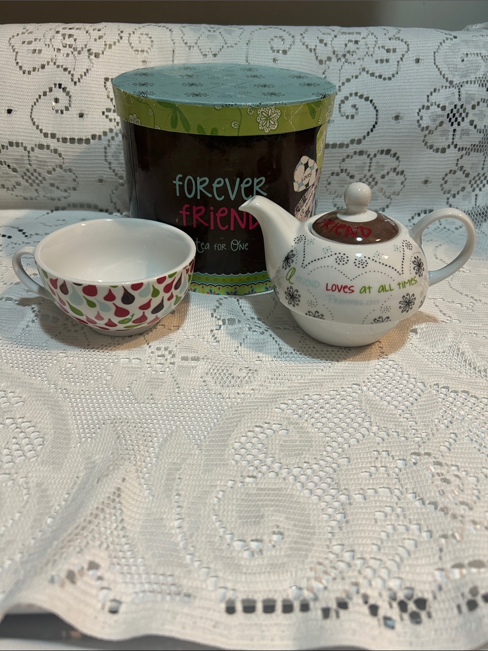 Tea for One Set - White Teapot and Bowl with Multicolor Accents